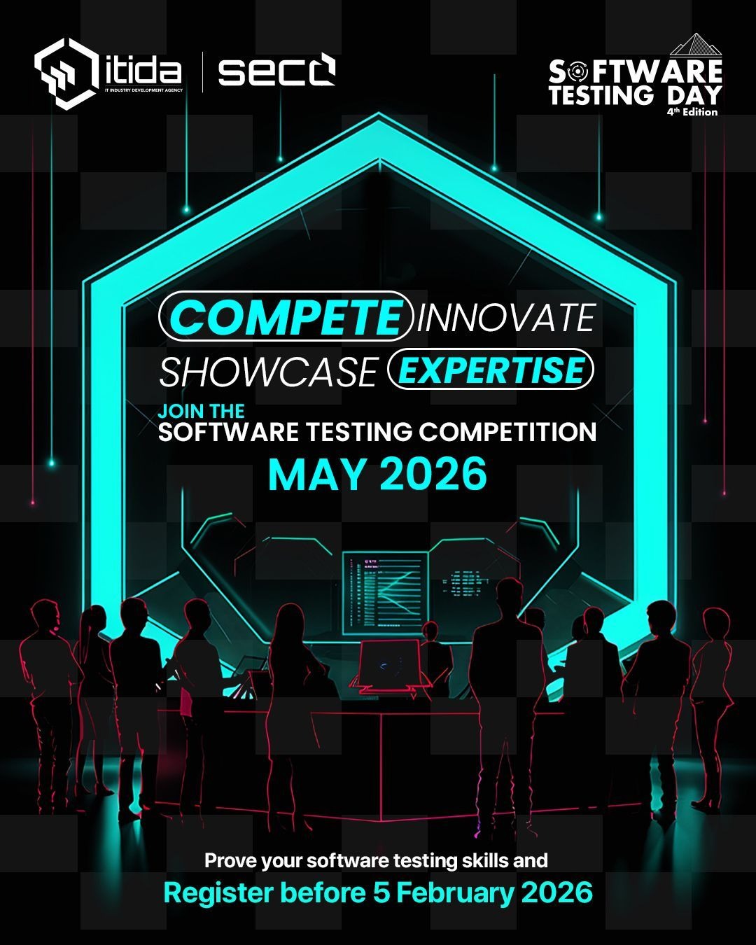 Promotional poster for the ITIDA and SECC Software Testing Competition 2026, featuring the slogans "Compete, Innovate, Showcase